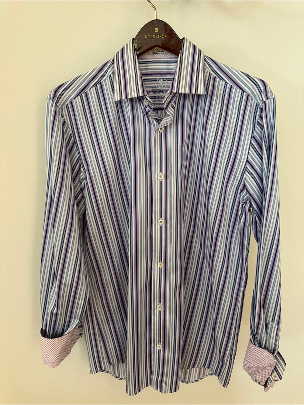 Bugatchi 100% Cotton Multi-Stripe Dress Shirt - Purple & White